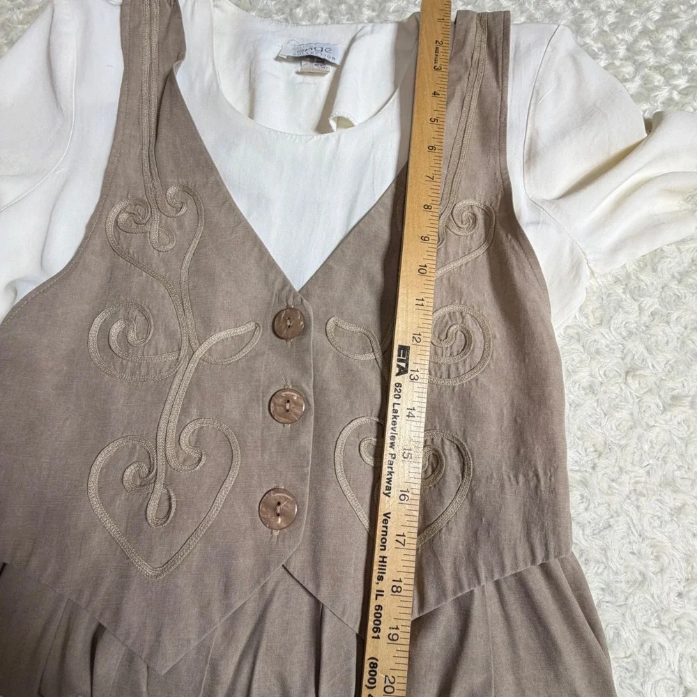 Enge Collection‎ Vintage Tan Vest Layered Midi Dress Size 8 Made in USA Soutache